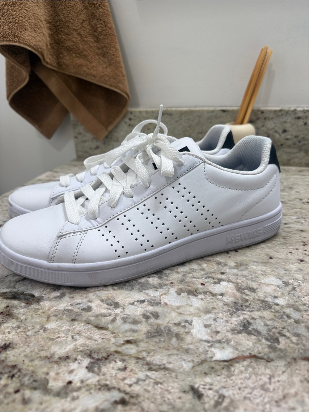 K-Swiss White Leather like Low-Top Sneakers with Black Heel Tab